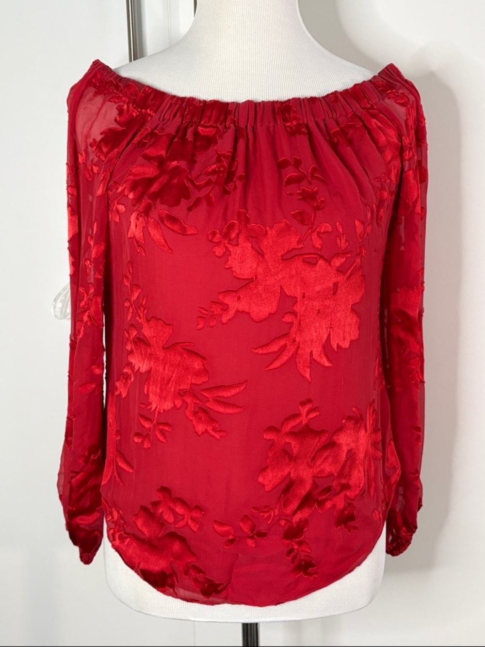 White House Black Market Red Off-Shoulder Floral Burnout Blouse